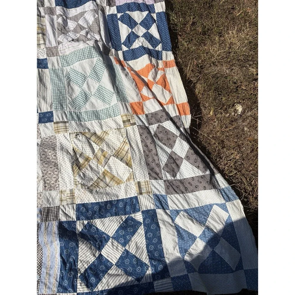 Early 1900’s Hand Stitched Quilt Top Only Shirt Fabric Feed Sack Cotton 74x 61